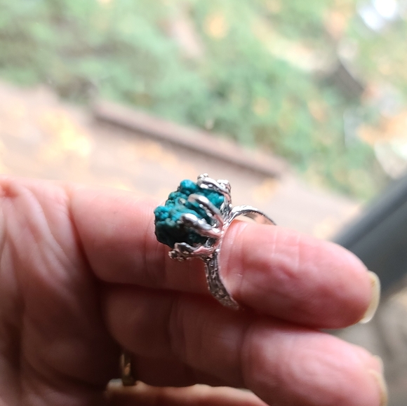 Turquoise raw natural nugget with Pyrite squares sterling ring sz7 - Picture 9 of 14